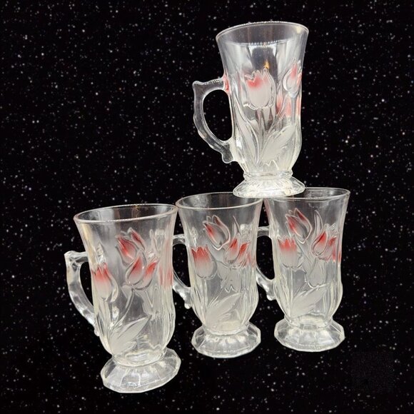 Japanese Mug Set With Pajbted Flowers Glass Cups Coffee Mugs Set 4 Pcs 4.5”T - Picture 2 of 9